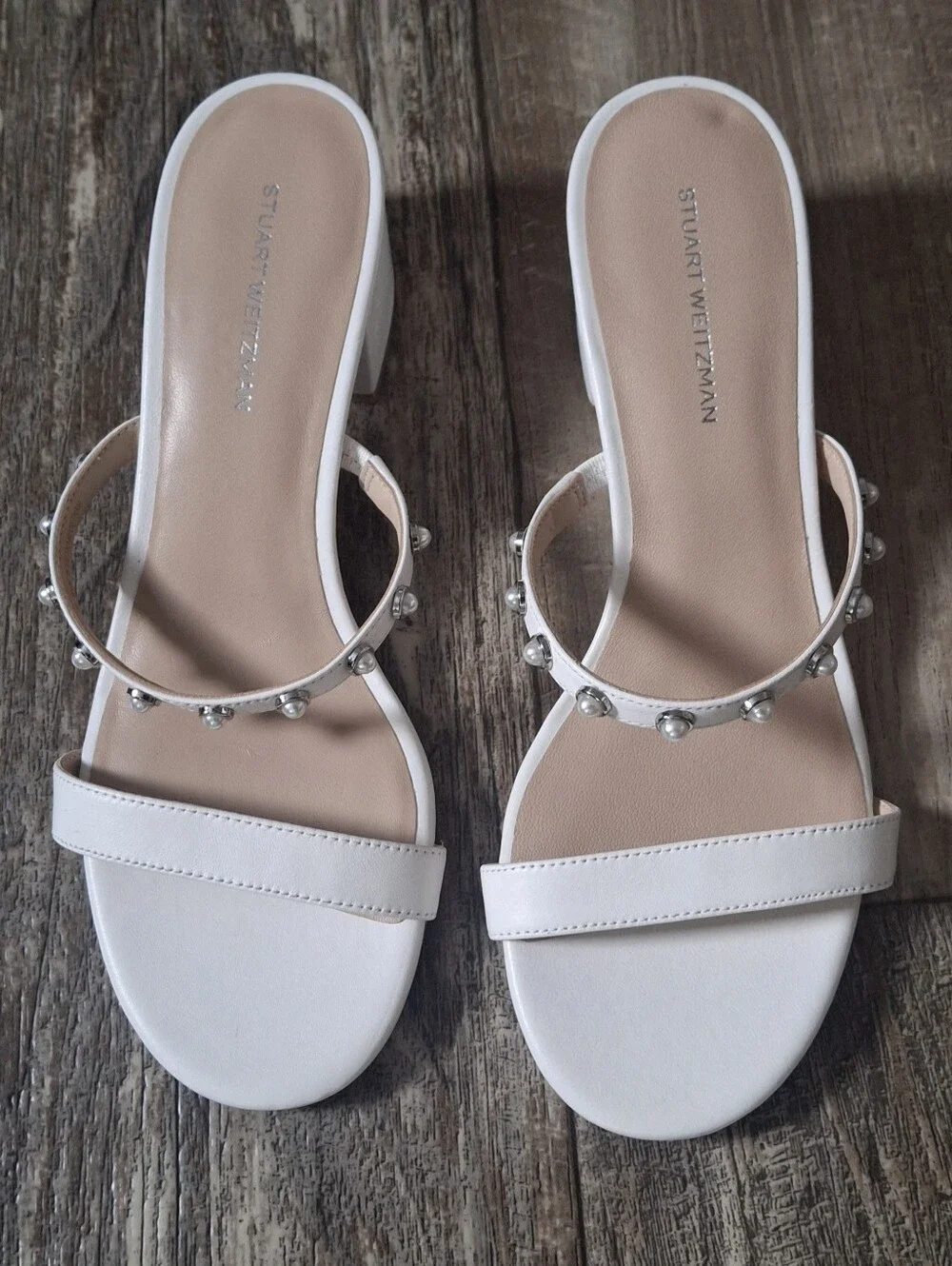 Stuart Weitzman White Embellished Slide Sandals
